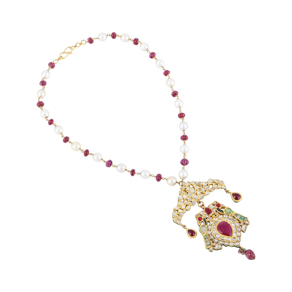 Peacock Polki Pendant Necklace with Rubies, Green Talaf & Southsea Pearls